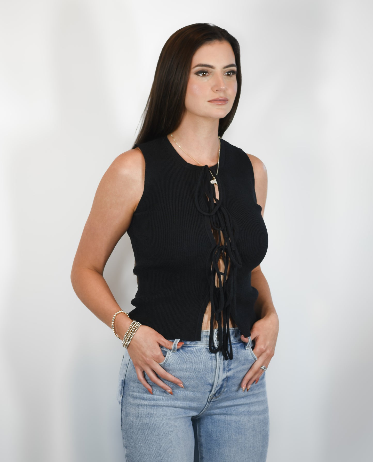 OPEN FRONT RIBBON SELF-TIE KNIT TANK