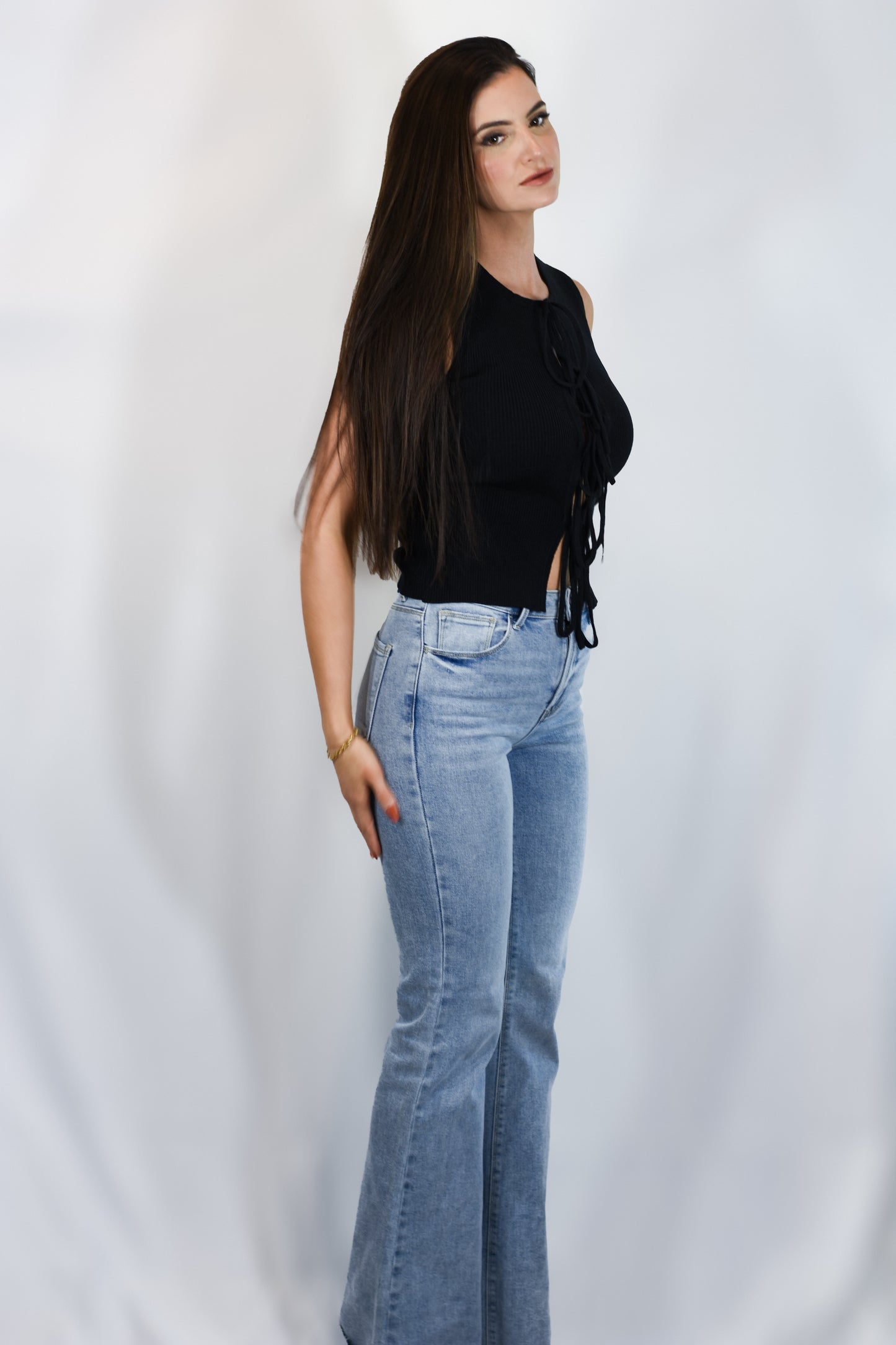 OPEN FRONT RIBBON SELF-TIE KNIT TANK
