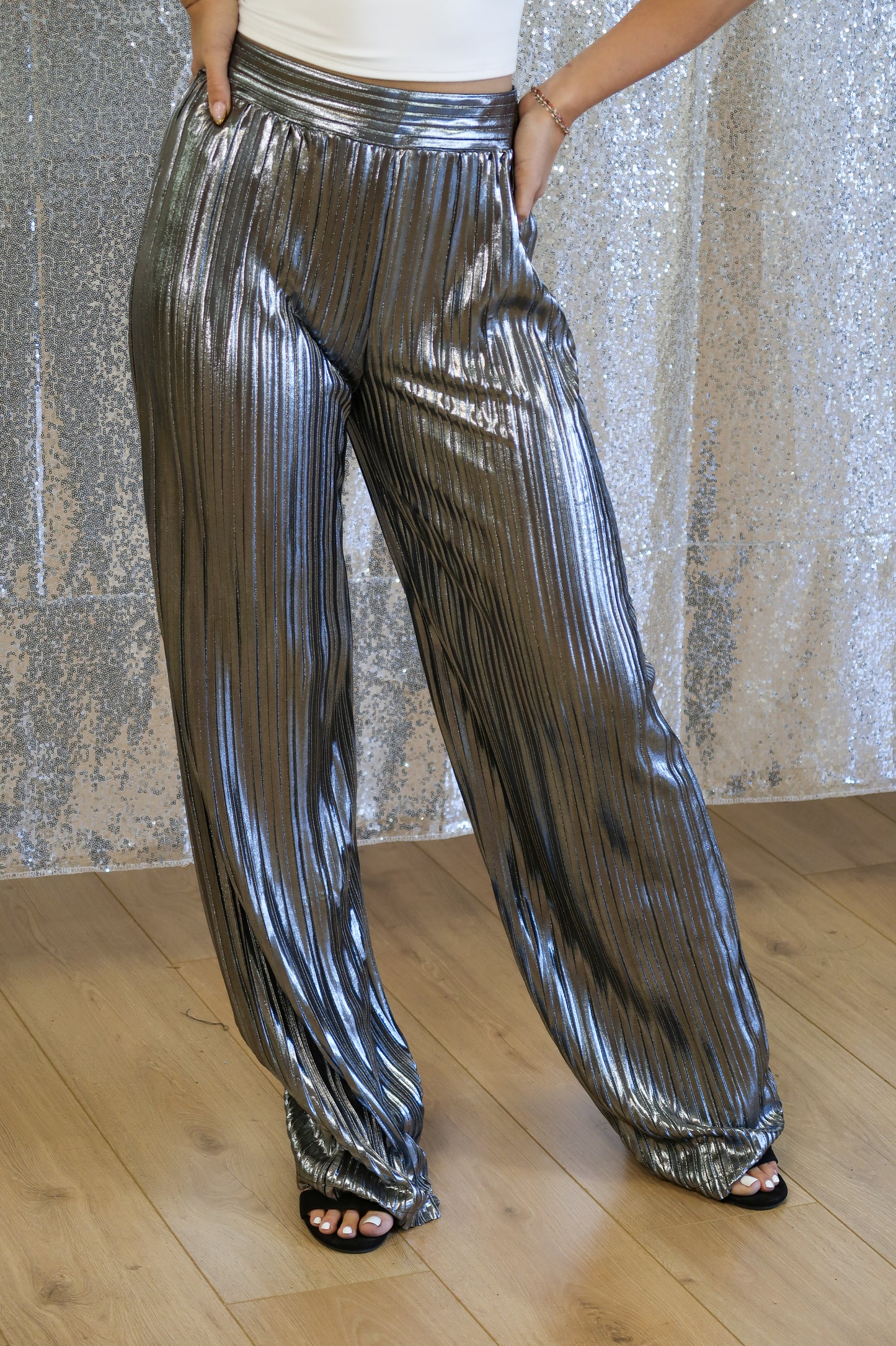 Metallic Crinkle Wide Leg Pants