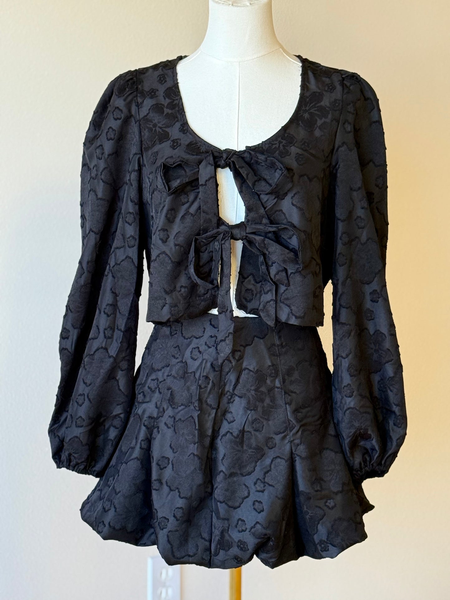 Ribbon Tie Top and Puff Skirt Set