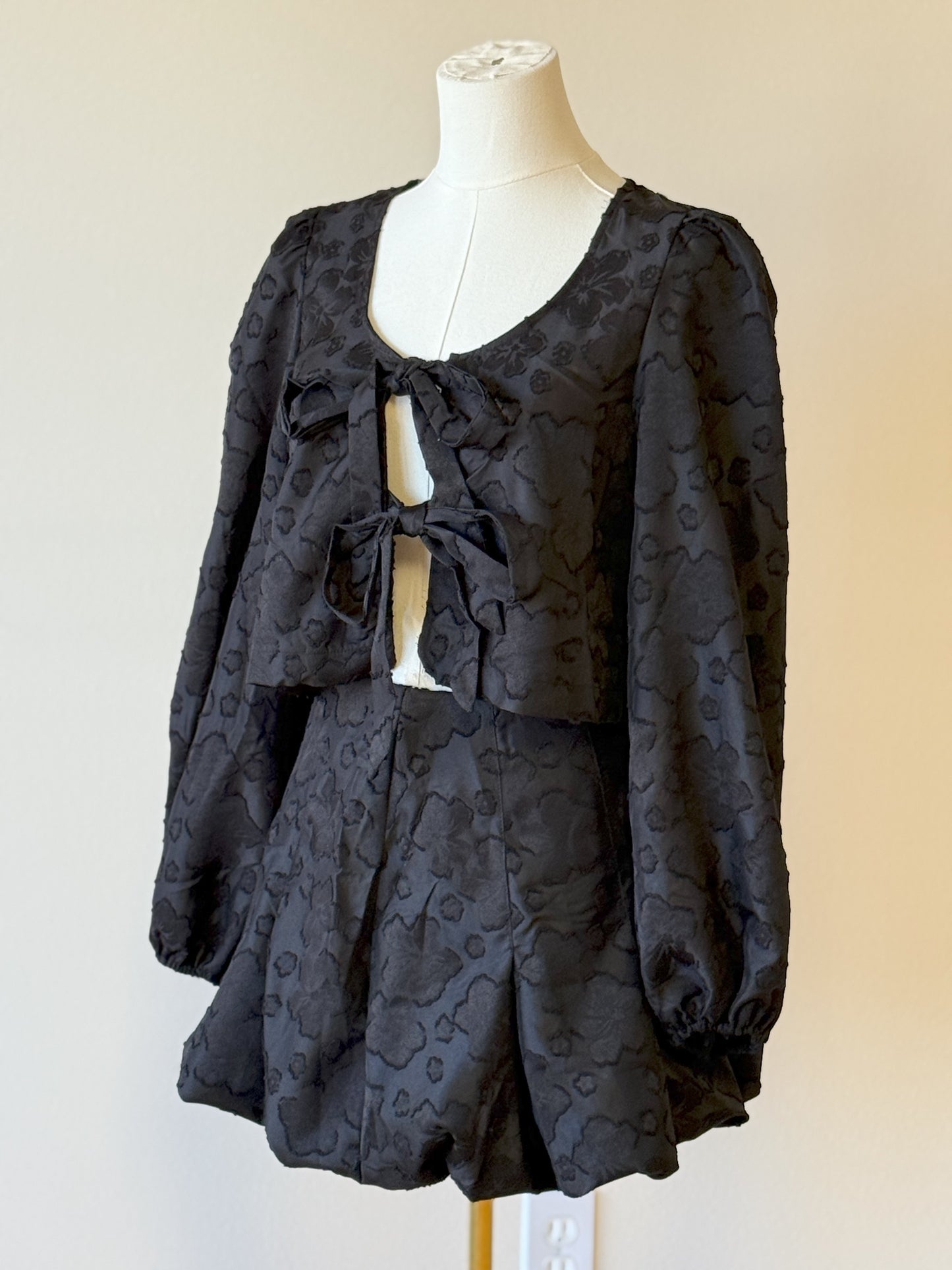 Ribbon Tie Top and Puff Skirt Set