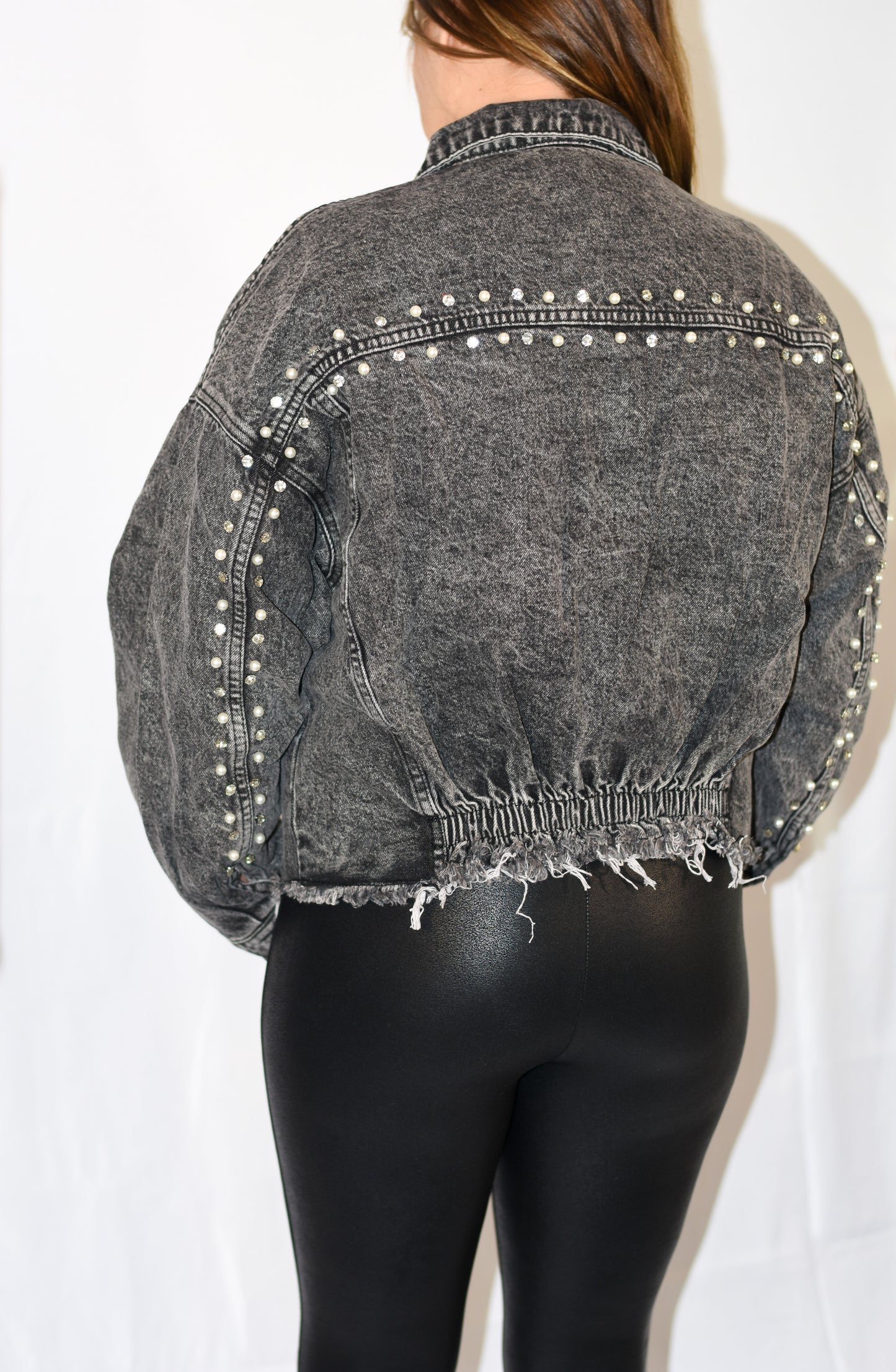 DISTRESSED BEADED DENIM JACKET