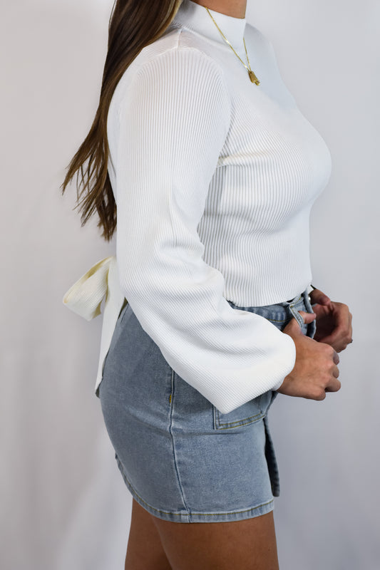 OPEN BACK TIE BOW SWEATER